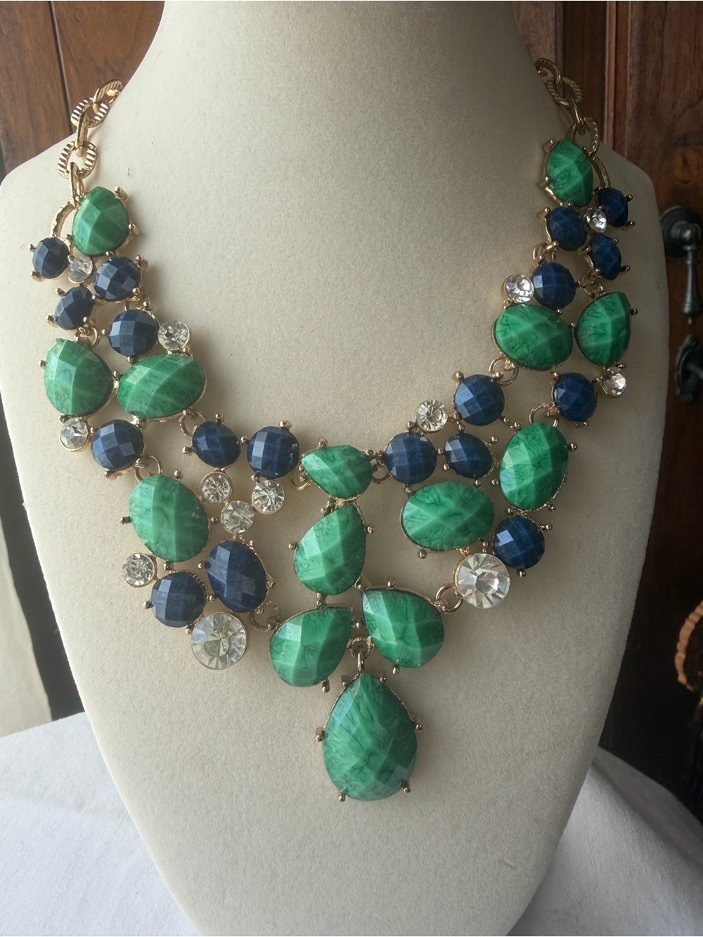 Amrita Singh Blue Green Statement Bib Necklace Gold Tone Crystal Accent